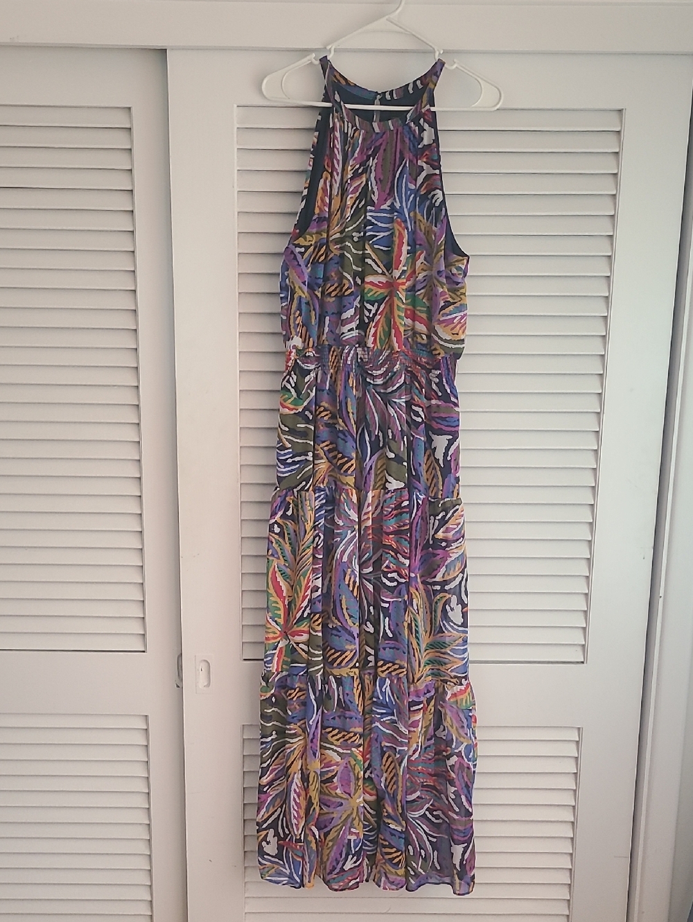 R&K Halter Maxi Dress in Purple and Green Multicolor Leaf Print